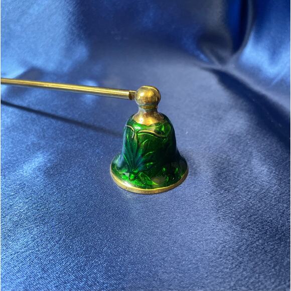 Brass Candle Snuffer with Green Glaze on Bell and Handle - Picture 2 of 5